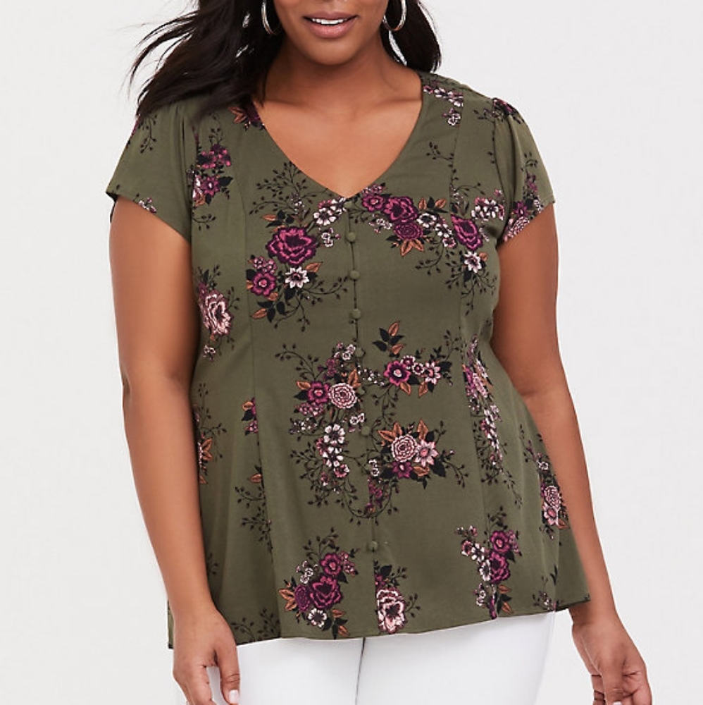 OLIVE GREEN FLORAL CHALLIS BUTTON BLOUSE
